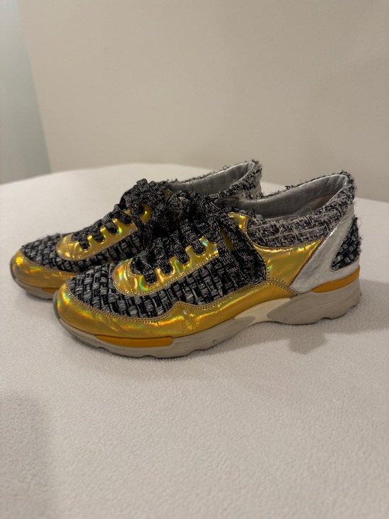 CHANEL Shoes - CHANEL Black and Silver Tweed Sneakers with Yellow Detail